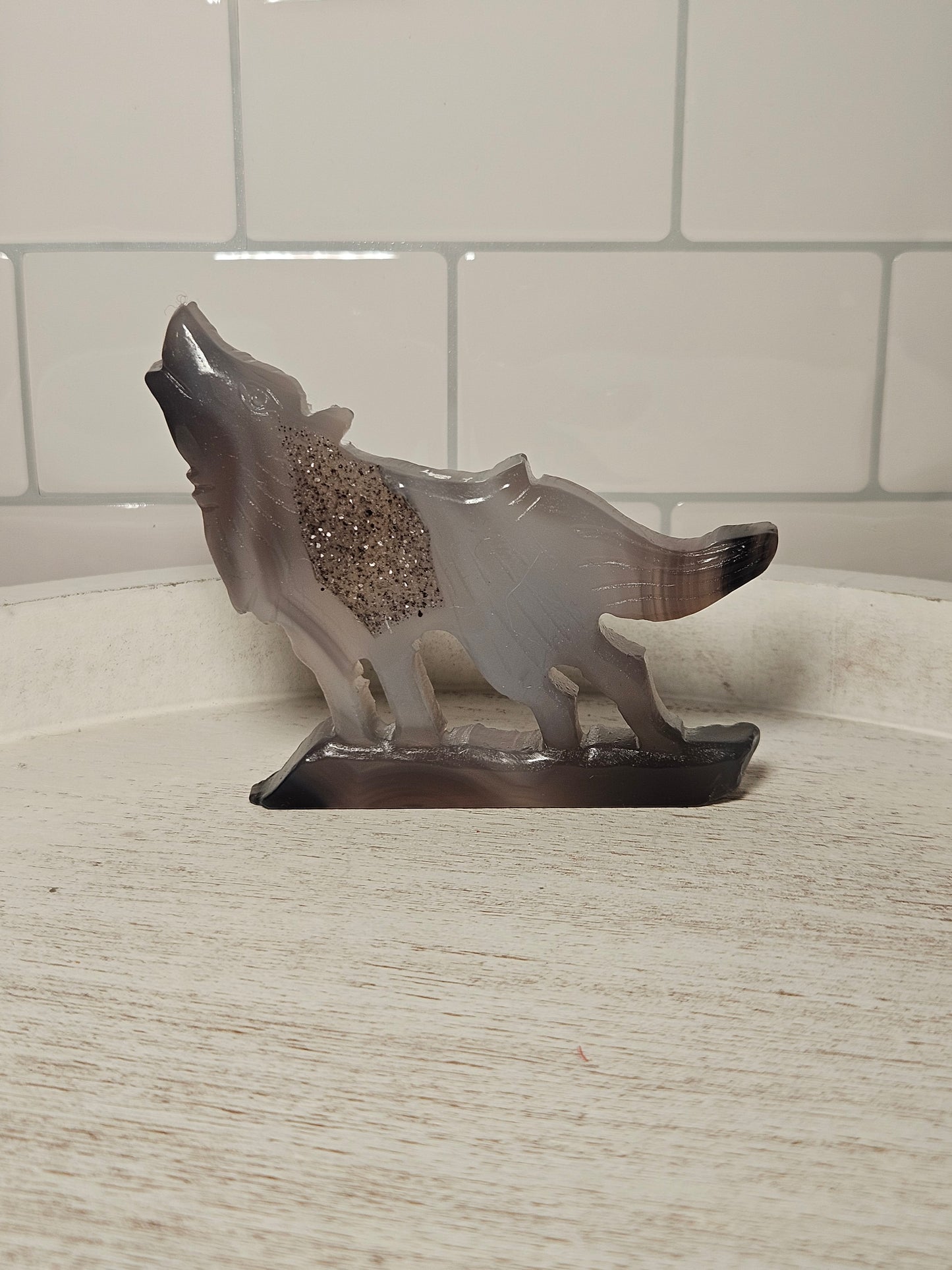 Druzy Agate Wolf Carving
